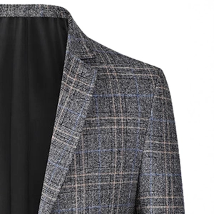 Men's slim fit grey plaid blazer jacket with notch lapel and subtle blue check pattern