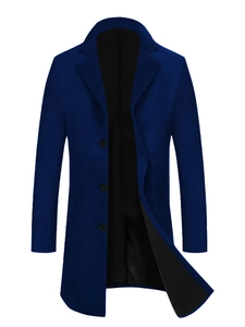 Classic royal blue wool blend overcoat for men with single-breasted three-button design