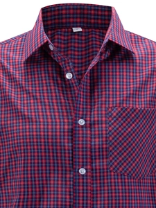 Close-up detail of red and blue plaid business shirt showing collar and chest pocket