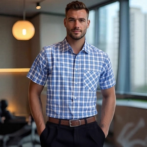 Classic blue and white checkered short sleeve business casual shirt for men