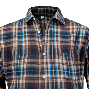 Men's plaid flannel shirt in blue and brown stripe pattern with button-down collar