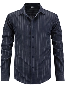 Detailed front view of men's navy blue striped shirt with classic collar and buttons