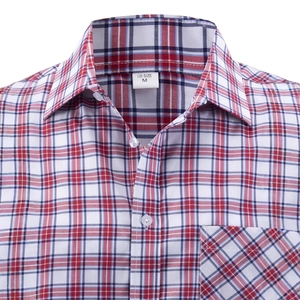 Men's short sleeve business plaid shirt with red and blue checkered pattern and front pocket