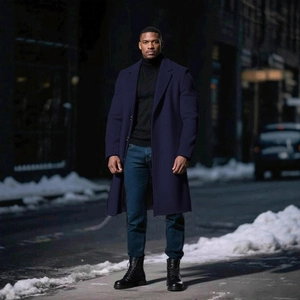 Navy blue men's slim fit wool blend overcoat with classic notched lapels for business casual
