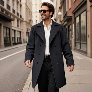 Classic men's double-breasted wool trench coat in charcoal grey for business casual style