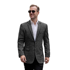 Slim fit men's dark grey textured leisure blazer with notch lapels and dual buttons