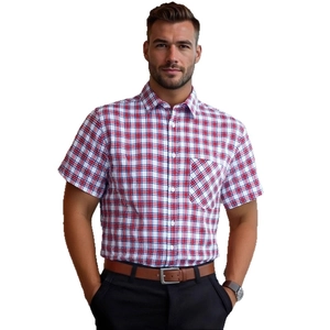 Men's business casual short-sleeve button-down shirt with red and blue plaid pattern