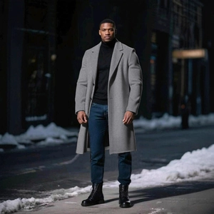 Men's slim-fit grey wool blend overcoat with a classic notched lapel and single-breasted buttons