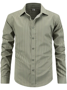 Detail of the US size M neck label and vertical stripes on the green business shirt