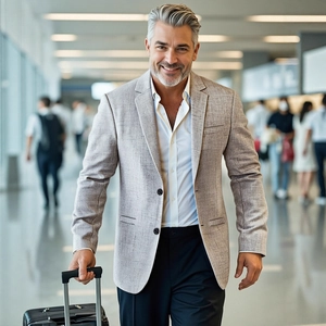 Men's light brown single-breasted blazer with textured fabric for business travel attire