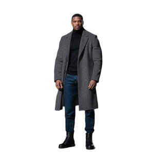 Classic men's grey wool long trench coat with lapel collar for business casual style