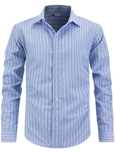 Detail of light blue striped business shirt with button-down collar and US size M label