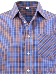 Detail of blue and brown plaid shirt featuring chest pocket and white size M label