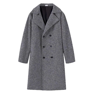 Classic double-breasted grey wool trench coat for men with a sharp tailored fit