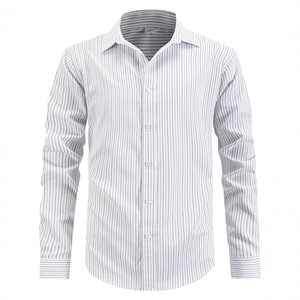 Men's business casual long sleeve shirt with gray vertical stripes on white fabric