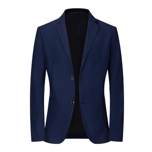 Men's navy blue slim fit business blazer with classic notch lapel and two-button closure