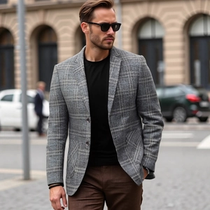 Men's slim fit grey plaid blazer jacket in lightweight breathable wrinkle-free fabric