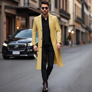 Men Slim Fit Woolen Trench Coat Single Breasted Notch Lapel Mid Length Polyester Overcoat Business Casual Solid Jacket