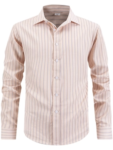 Detail of the US SIZE M collar label on a light orange striped long sleeve shirt