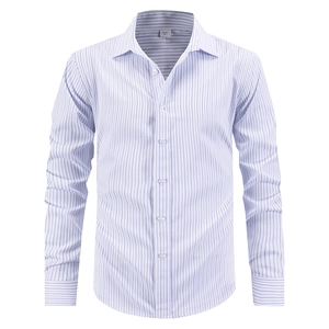 Men's business casual long sleeve shirt with blue vertical stripes and white buttons