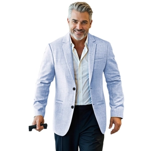 Classic light blue men's casual blazer with linen texture and single-breasted two-button design