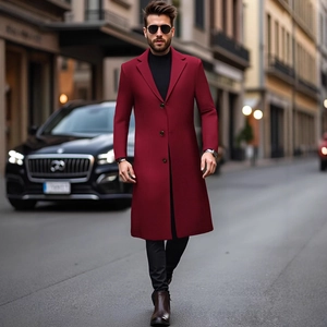 Slim fit men's burgundy mid-length wool trench coat with classic lapel and three buttons