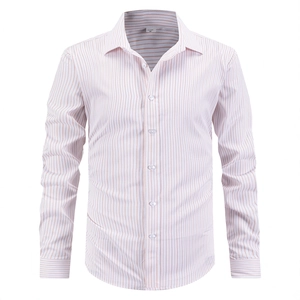 Men's long sleeve striped business casual shirt with button-down collar in white and orange
