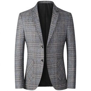 Men's light grey plaid casual blazer with notch lapel and two-button closure