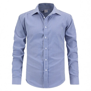 Men's blue and white striped long-sleeve business shirt with formal pointed lapel collar