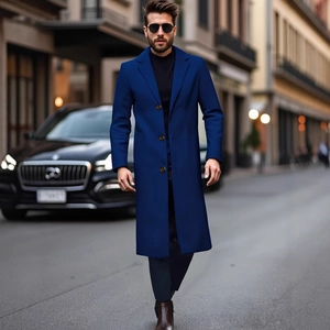 Slim fit men's long wool blend overcoat in navy blue with classic lapels and buttons