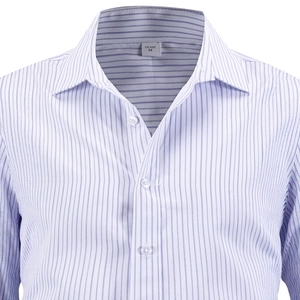 Men's light blue pinstripe long sleeve shirt with classic collar and button closure