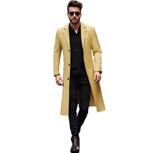 Slim fit men's long wool coat in mustard yellow with classic notched lapel and single breasted