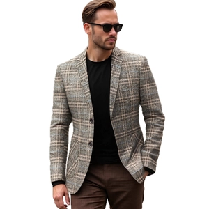 Men's casual slim fit plaid blazer jacket in grey beige with two-button closure