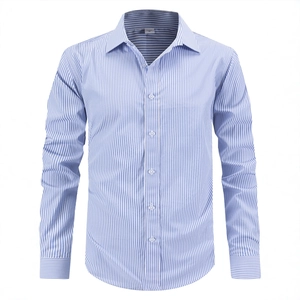 Men's business casual long sleeve shirt with blue and white vertical stripes and button-down collar