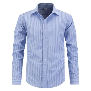 Classic men's blue striped long-sleeve business shirt with lapel and button closure