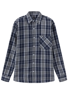 Detailed view of long sleeve plaid shirt with chest pocket and classic button-down collar