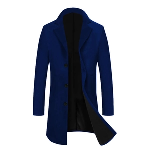 Classic slim fit navy blue wool coat for men with notched lapels and three-button closure