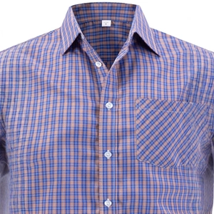 Men's business casual plaid shirt with blue and brown checkered pattern and chest pocket