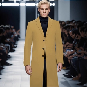 Élégant trench-coat mi-long en laine pour hommes, jaune moutarde, avec revers et trois boutons