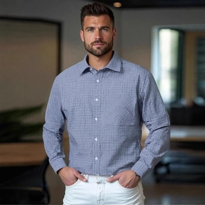 Chemise homme à manches longues à carreaux bleus et blancs style chic décontracté