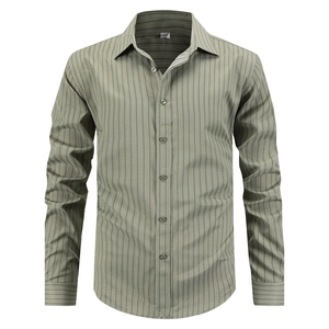 Men's olive green striped long sleeve business shirt with slim fit and buttoned cuffs