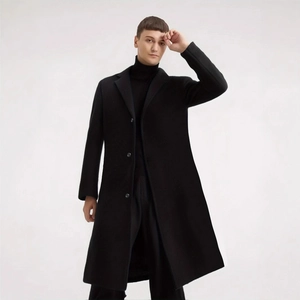 Classic black men's long wool coat with notch lapels and a slim fit tailored silhouette