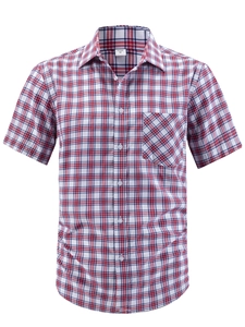 Men's casual short sleeve button-up shirt with red and blue plaid pattern and chest pocket