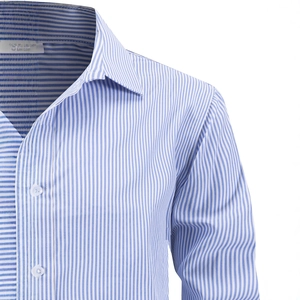 Men's blue and white striped long sleeve shirt with classic lapel and business casual style