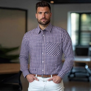 Chemise business décontractée pour homme à manches longues avec motif à carreaux bleus et rouges