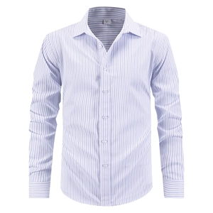 Men's slim fit long sleeve business shirt with blue and white stripes and pointed collar