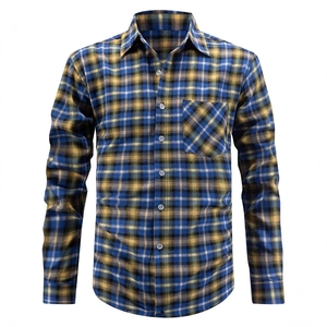 Men's outdoor plaid long sleeve shirt with classic blue and yellow checkered pattern