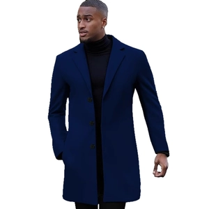 Elegant men's navy blue mid-length wool blend overcoat with a classic lapel collar