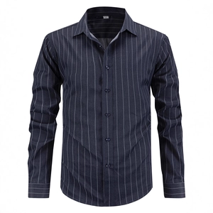 Men's slim fit navy blue striped long sleeve business dress shirt with white pinstripes