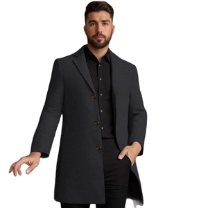 Classic charcoal grey wool blend mid-length trench coat with lapel and button closure